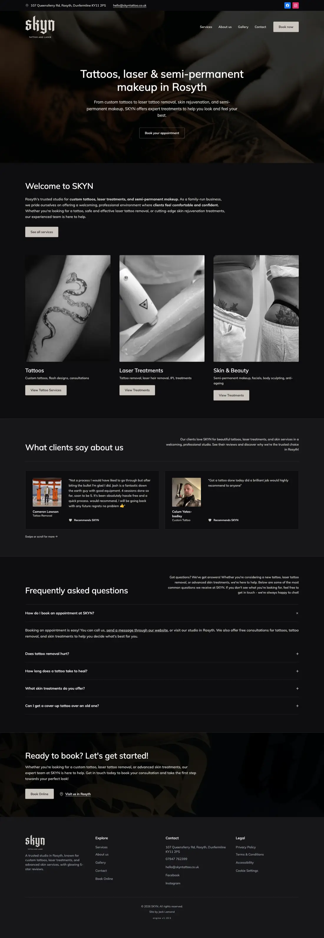 SKYN Tattoo website scrolling